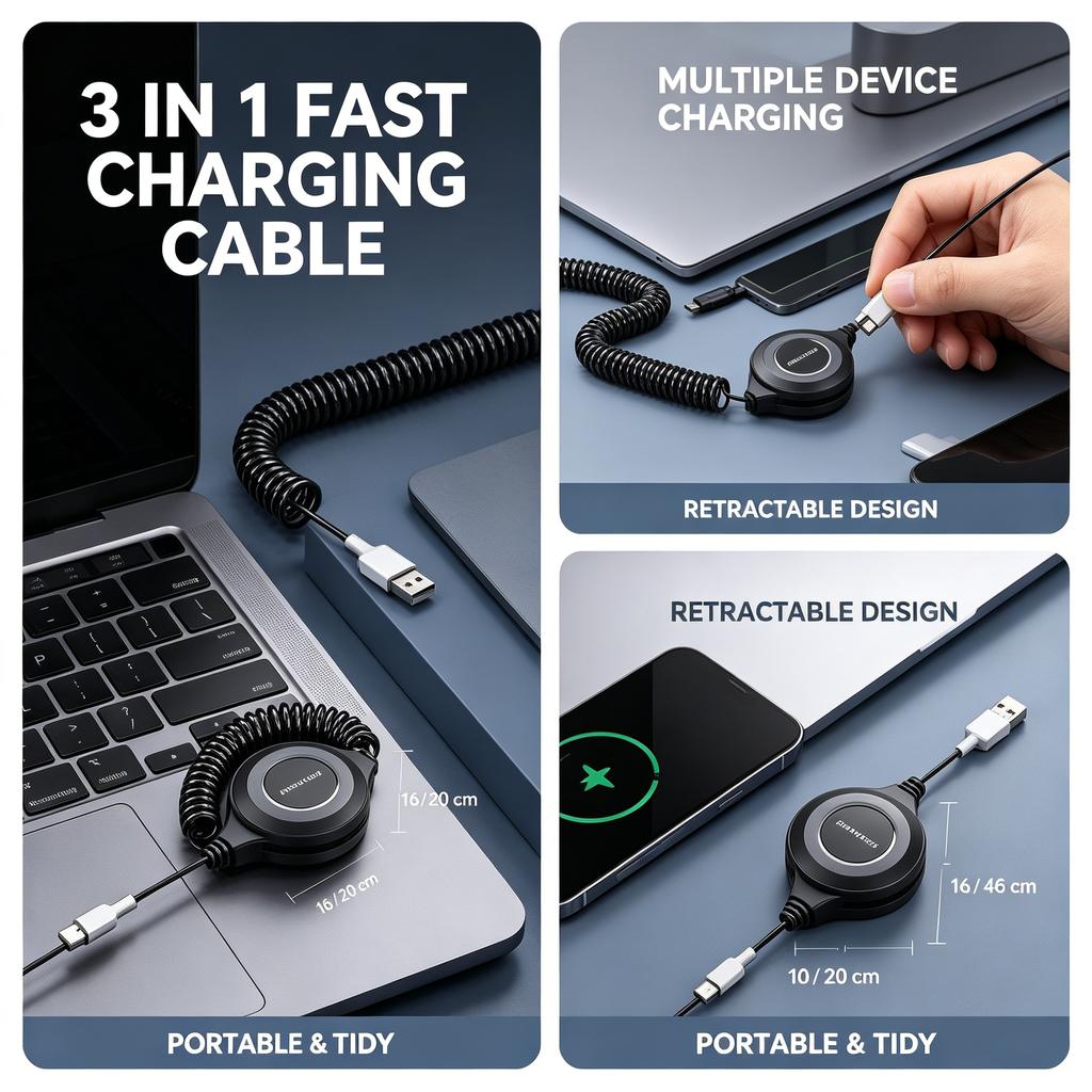 Cable de carga rápida 3 en 1, cable USB retráctil universal para coche, carga múltiple portátil