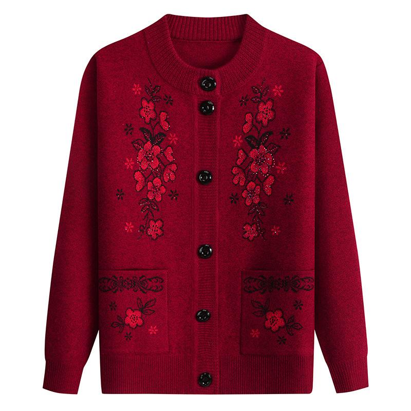 Spring and Autumn Fashion Mother's Wear Flower Embroidered Knit Sweater Temperament Elegant Elderly Clothes