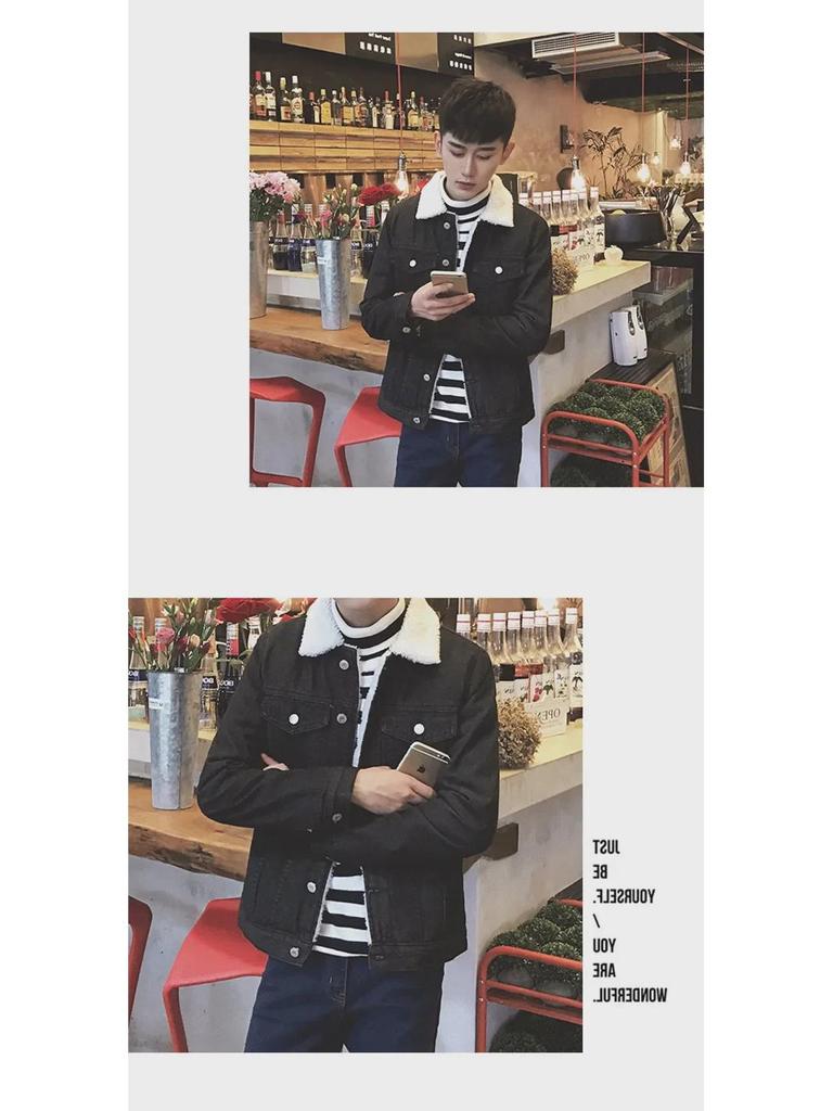 Мужская джинсовая куртка Slim Fit на зиму с подкладкой из бархата и овечьей шерсти