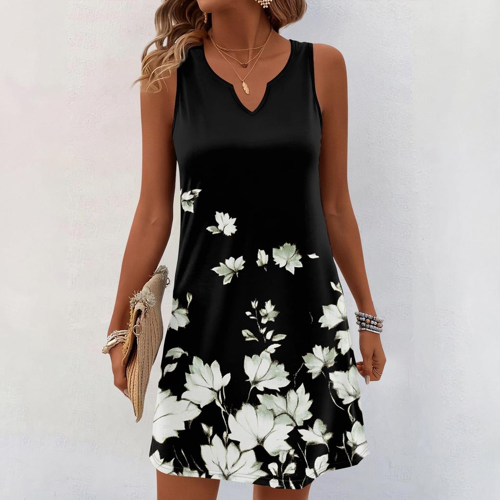 Женские летние платья с V-образным вырезом и принтом без рукавов Сарафан Повседневное платье