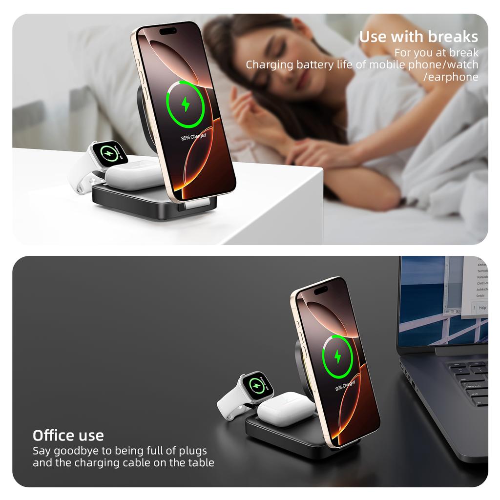 Qi2 Magsafe Charger Stand для iPhone 16 Pro Max Складное 3-в-1 магнитное беспроводное зарядное устройство для iWatch Airpods Быстрая зарядка