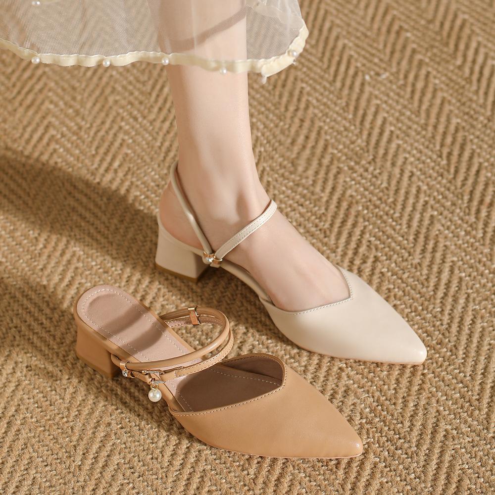 Sandals for Women 2025 Summer New Style Pointed Single Shoes Thick Mid Heel High Heels French Toe Slippers