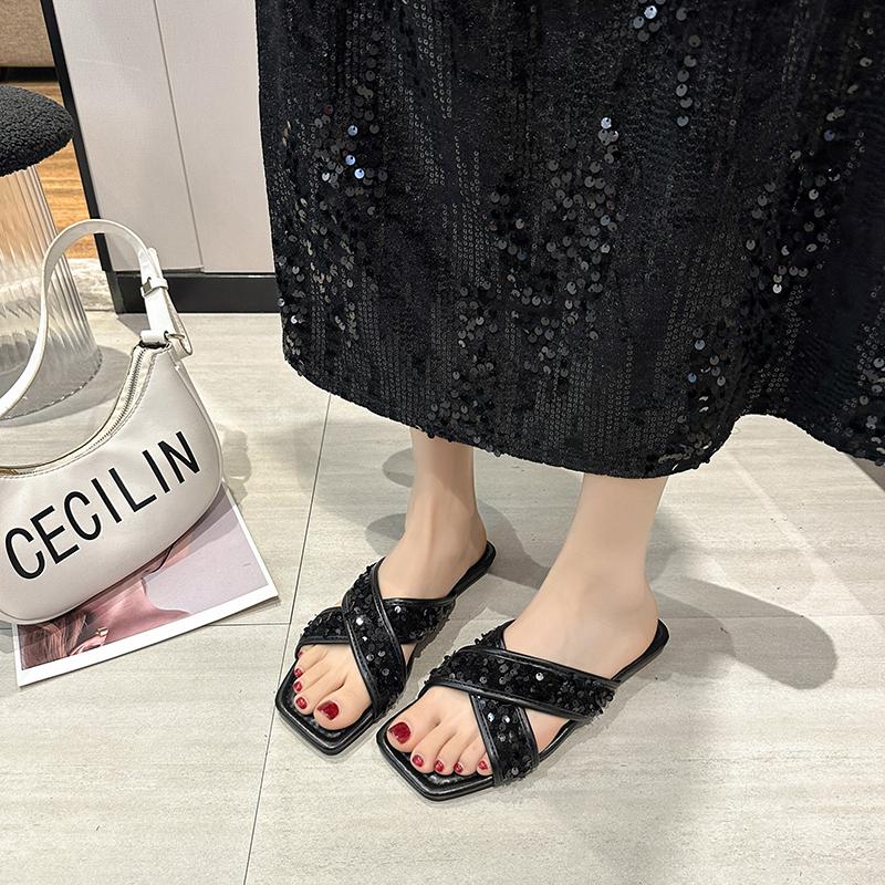 2024 Новые летние женские туфли с открытым носком, расшитые блестками, модные женские туфли на плоской подошве, однотонные, большого размера, повседневные женские пляжные тапочки