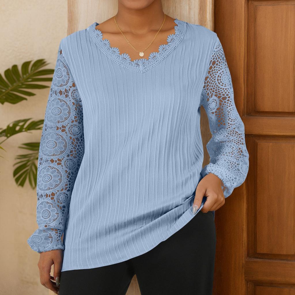 Женская свободная повседневная футболка с v-образным вырезом и кружевом в стиле пэчворк с длинными рукавами