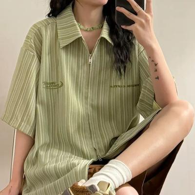 Женские рубашки на лацканах в полоску на молнии, с короткими рукавами, свободные, повседневные блузки, летние, для работы, ретро, универсальные женские топы