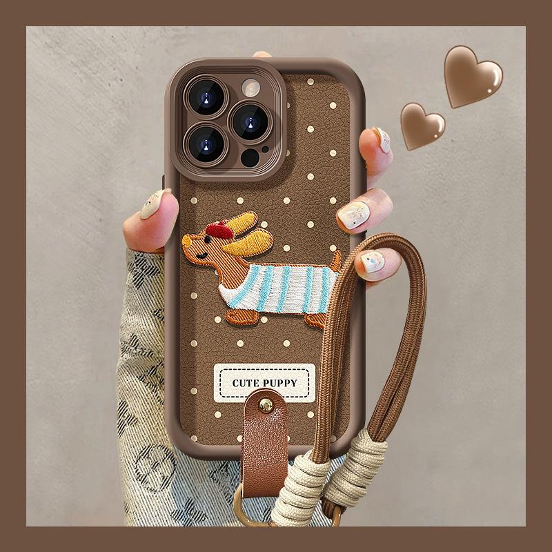 Polka Dot Embroidered Puppy Lanyard Suitable for Apple 13PROMAX Mobile Phone Case Iphone16 Lambskin 15 Silicone 14