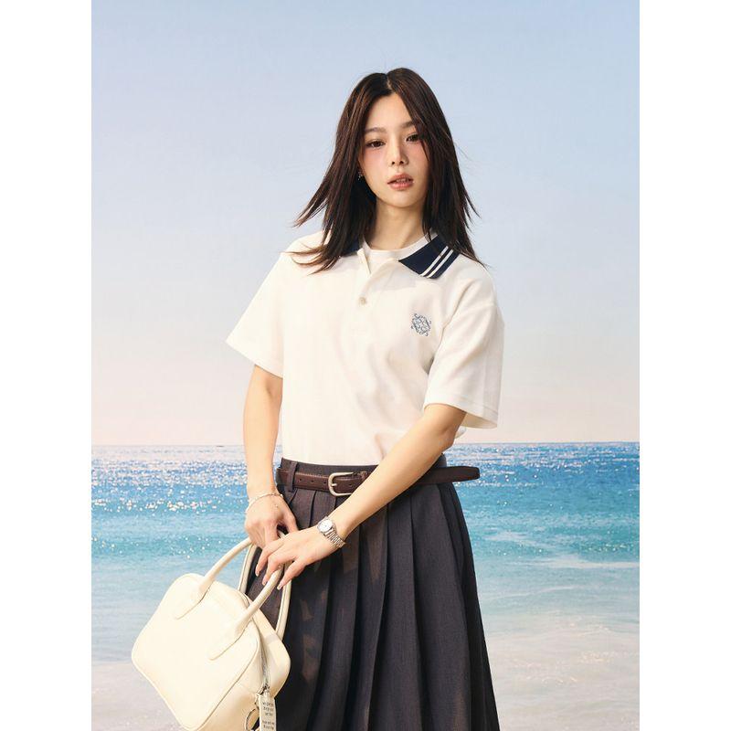 HACR Women Harshandcruel Korean Style High JGG Miu Style Embroider Color Matching Texture Half Cardigan Short-Sleeve Polo Shirt