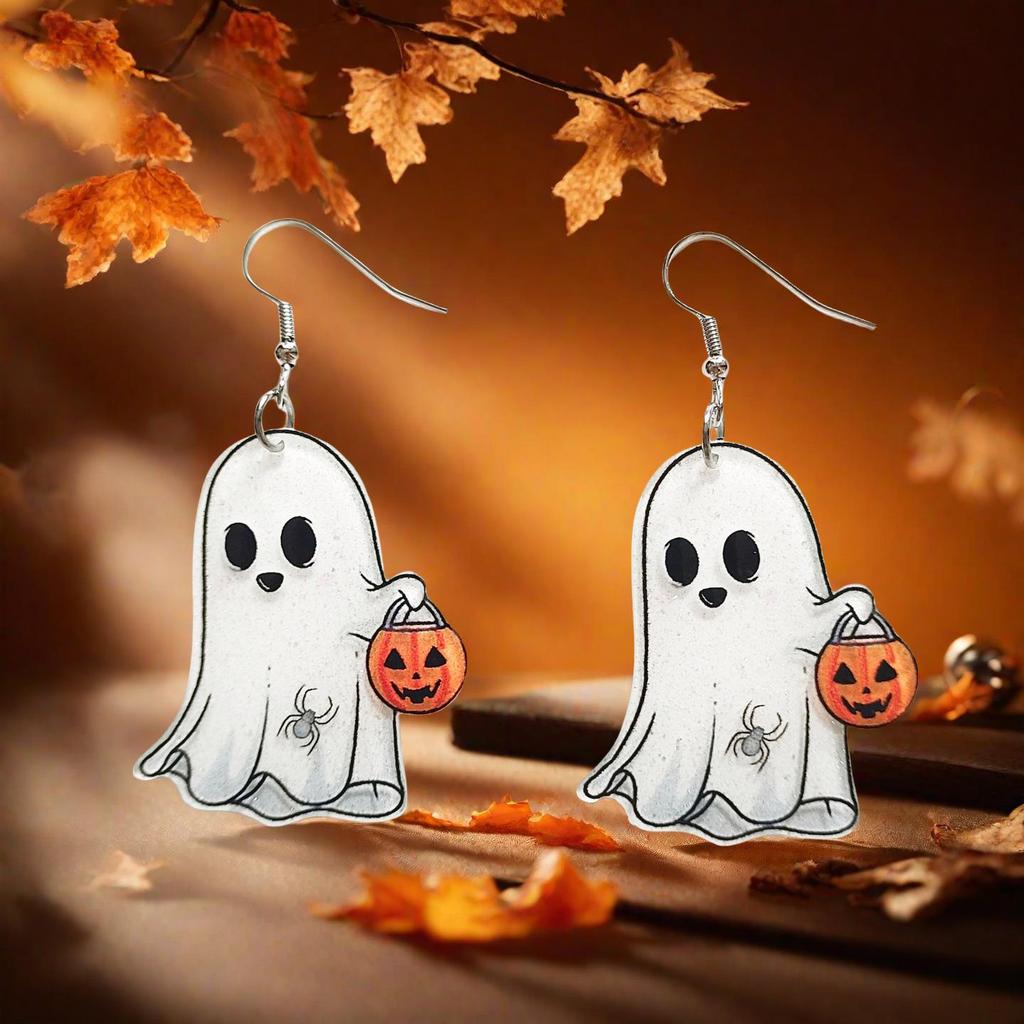 Акриловые серьги «Кот и Призрак на Хэллоуин» - Оригинальный дизайн с тыквой для праздничных вечеринок