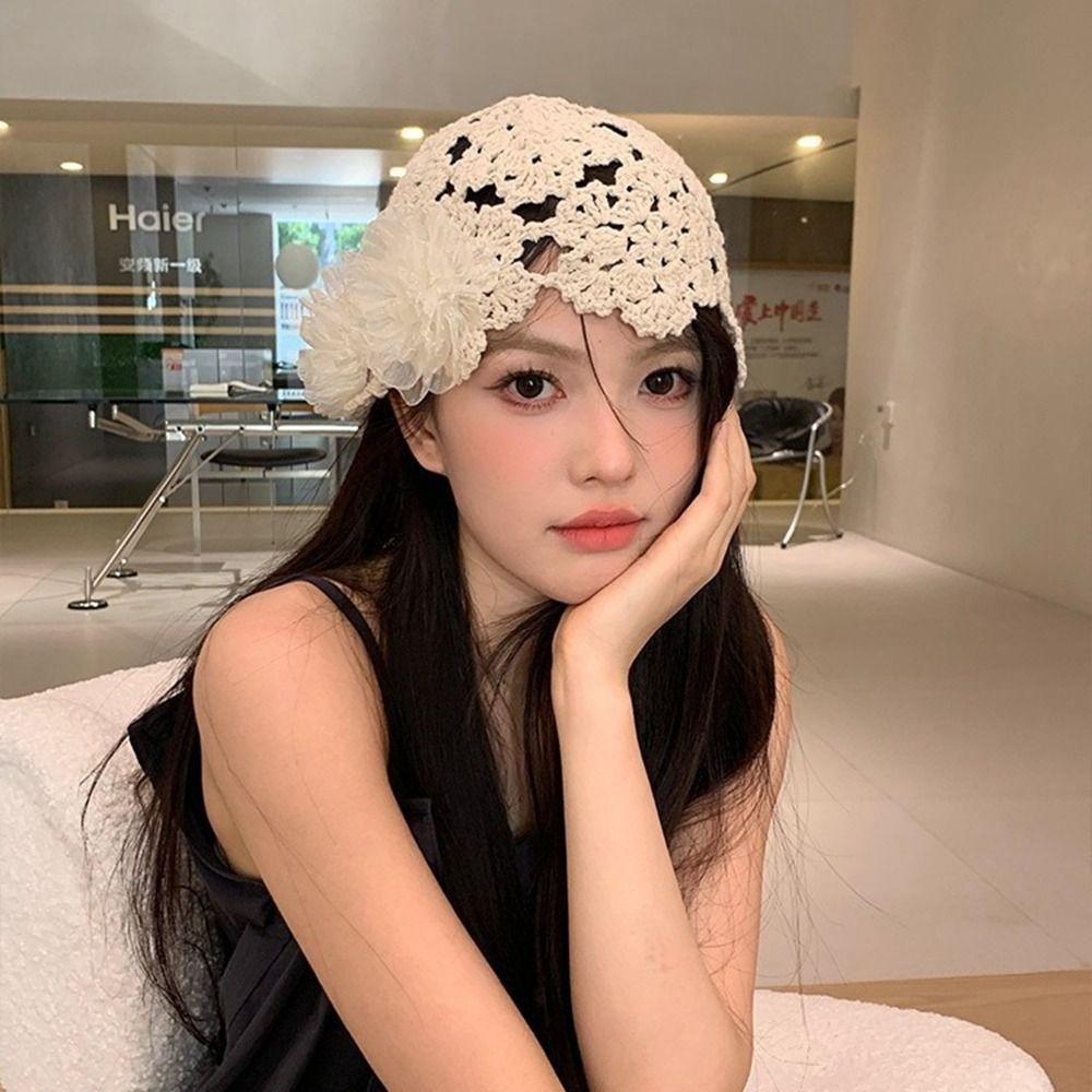 Elegant Crochet Hollow Flower Knitted Hat Hollow Out Knit Cap Casual Warm Beanies Hat  Outdoor