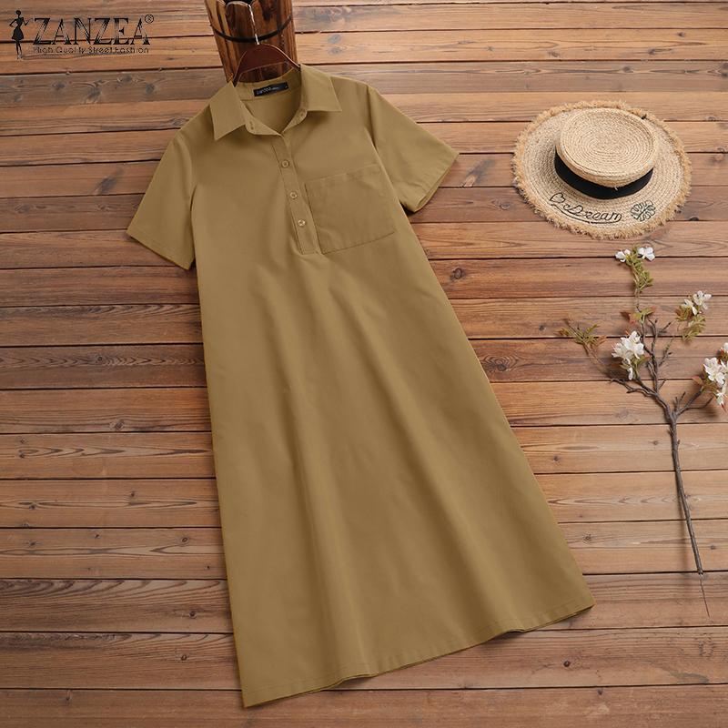 ZANZEA Женское повседневное платье-рубашка с отложным воротником и коротким рукавом