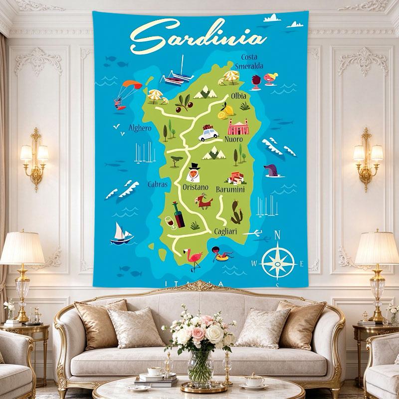 Sardinia Italia Illustrated Travel Map Poster Colorful Landmarks Beach Art