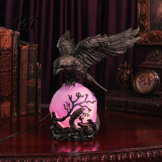 Halloween Home Decoration Gothic Crow Lamp, with Purple Light Ball, Resin Night Light, Matte Black Statue USB Powered Dark Style for