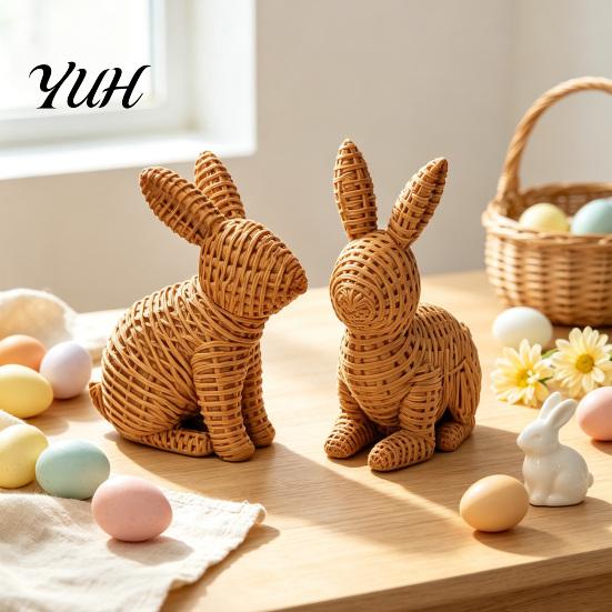 Weather Resistant Yard Art 3D Printed Wicker?Look Bunny Figurine, Rattan Texture Rabbit Statue, Tabletop Decorative Ornament for Indoor Outdoor