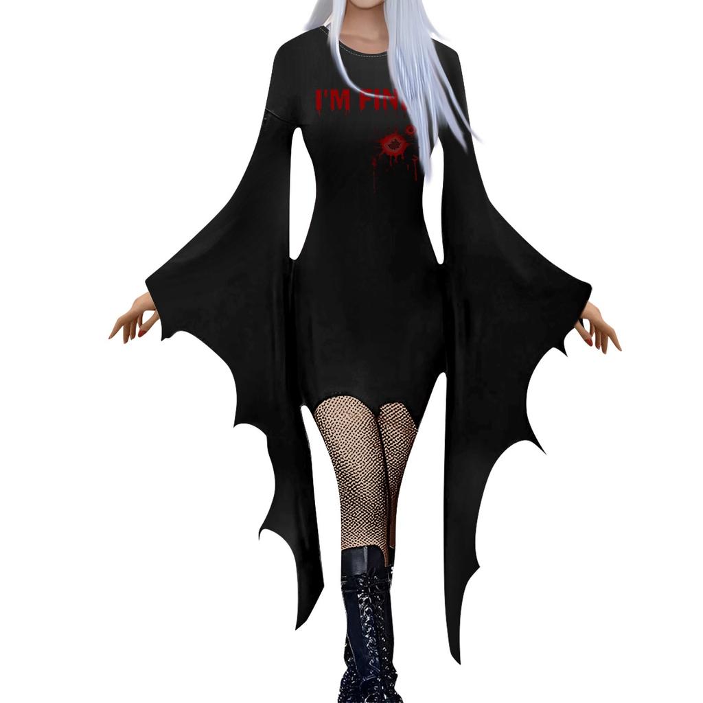 Женская мода готический панк летучая мышь рукава Хэллоуин принт нестандартное вечернее платье