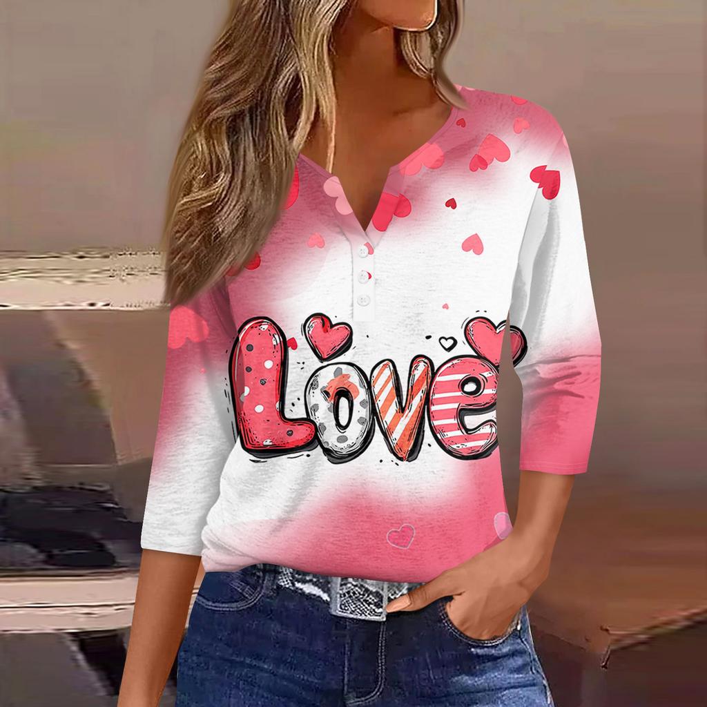 Жен. Футболка Футболка С принтом Пуговицы Рукав 3/4Ежедневно Выходные Мода Классический Топ с v-образным вырезом Обычный