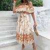 Dazzling Dress2025 European and American Spring Summer Women New off-Shoulder Print Long Big Hemline Dress