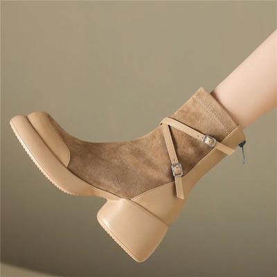Эластичные женские ботильоны на толстом каблуке в стиле ретро, осенне-зимние новые короткие ботинки из коровьей замши, Zapatos Tacon Bajo Mujeres Elegante