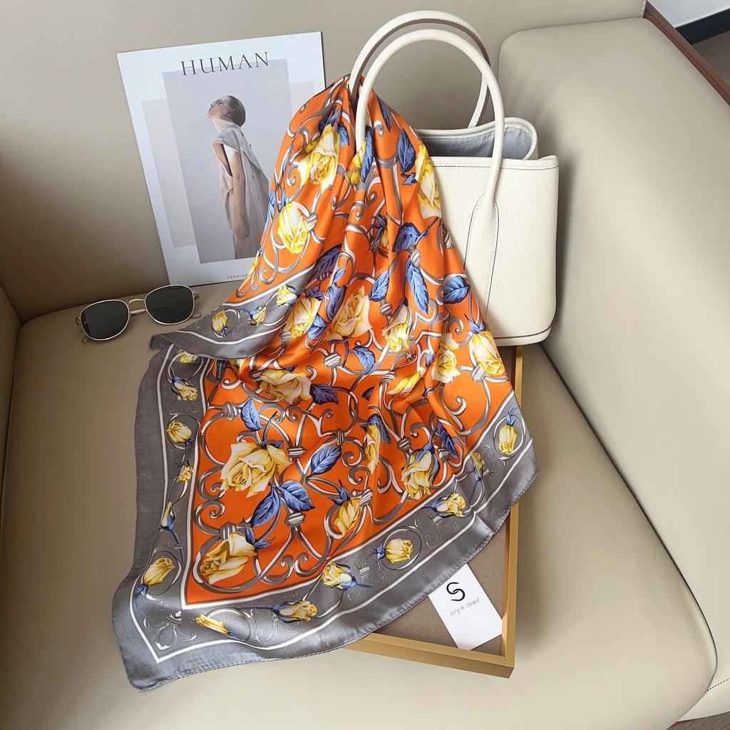 Silk Scarf Female Stripe Black and White Printing Spring and Summer New Decoration Simple Fashion Simulation Silk Square Scarf