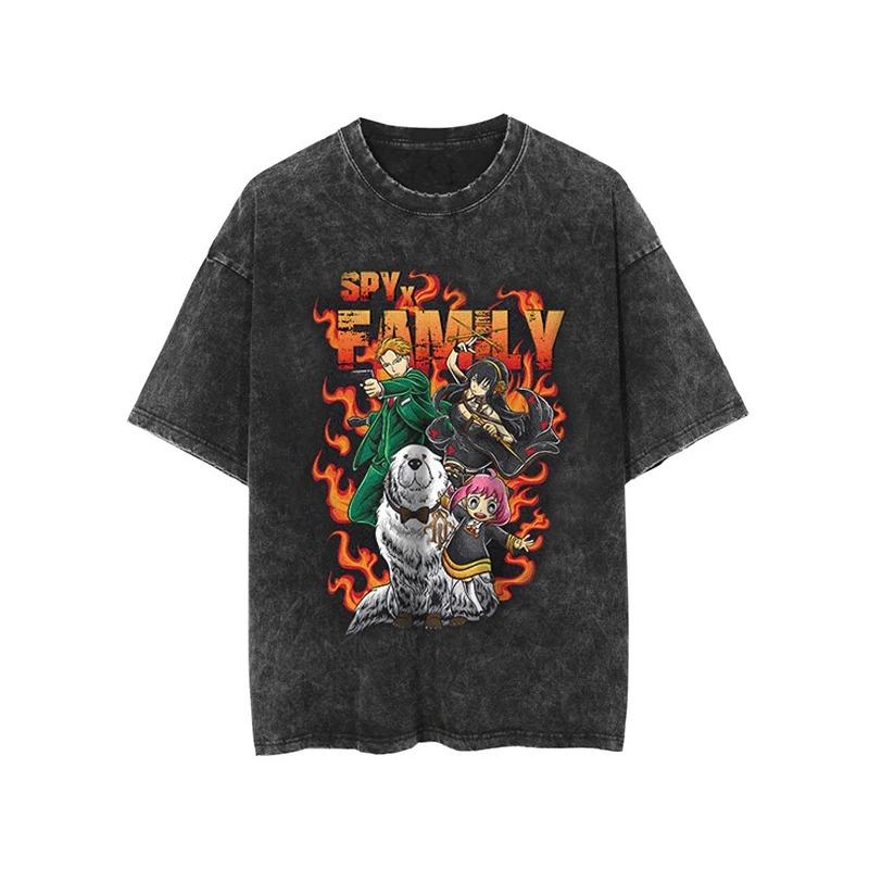 Spy X Family Forger Family Flame Style Vintage Washed Anime TShirt Unisex Spy Comedy Anime Fan Streetwear Tee