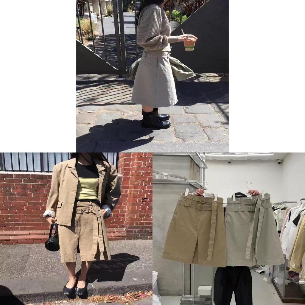 Vintage Korean Spring Skirt With Irregular Split And Double Waist Belt For Casual Wear