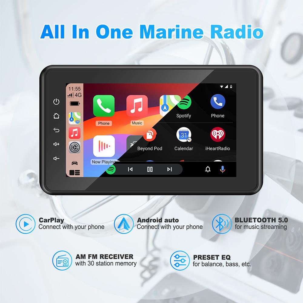 8inch Boat Marine Multimedia Player Wireless CarPlay Android Auto IPX6 Waterproof Bluetooth FM AM AUX For Boat ATV UTV Golf Cart