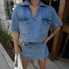 2 Piece Denim Outfit for Women Short Sleeve Lapel V Neck Crop Top And High Waist Jean Skirt Shorts Set Summer Streetwear Suit