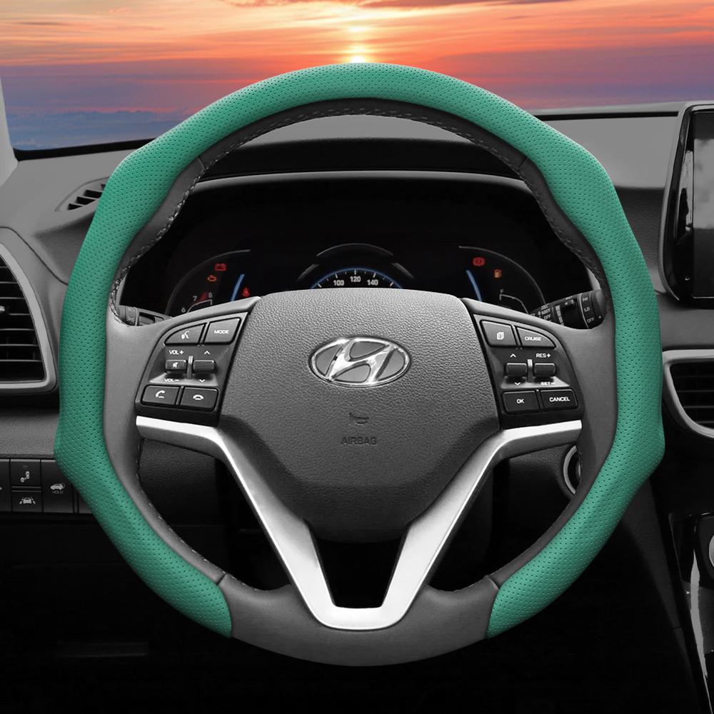 Подходит для Hyundai, Кожаная перфорированная накладка на рулевое колесо, Нескользящая, Впитывающая пот, Дышащая, Интегрированный защитный чехол Elantra N Sonata Ioniq