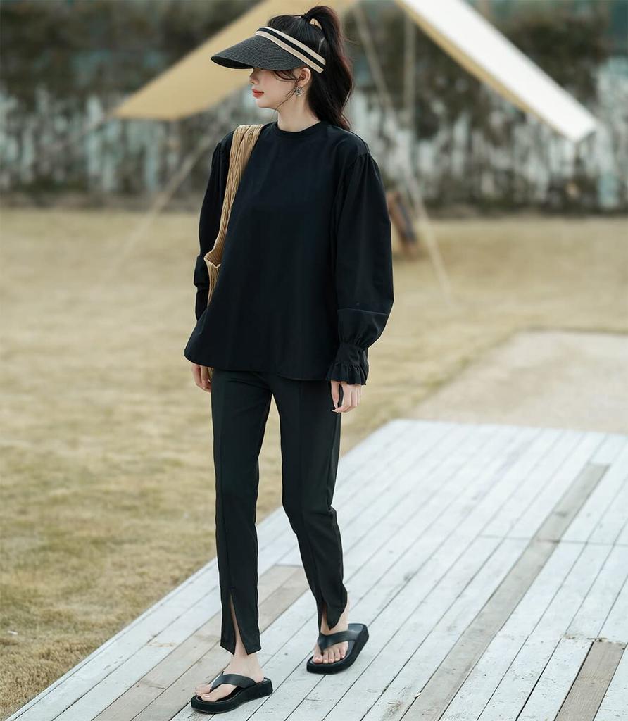 Женский рашгард Teddy с длинным рукавом и леггинсы с разрезами, амфибийный, без капюшона, охлаждающий UPF50+, rashguard032 (Л, Черный)