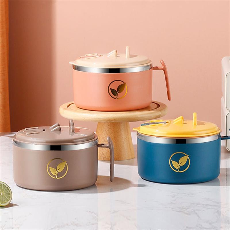 Корейские простые миски из нержавеющей стали для лапши быстрого приготовления с крышкой-ручкой, двухслойная коробка для ланча Bento, креативная кухонная миска для супа Ramen