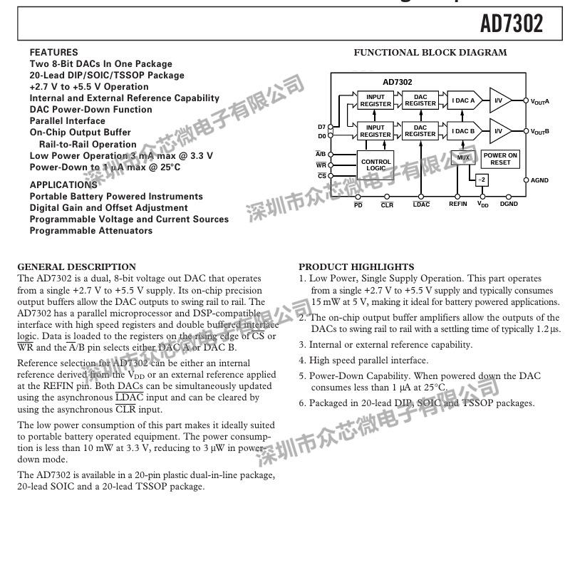 Original Spot AD7302BRUZ 8-Bit Digital-to-Analog Converter (DAC), 20-TSSOP, 2.7V-5.5V