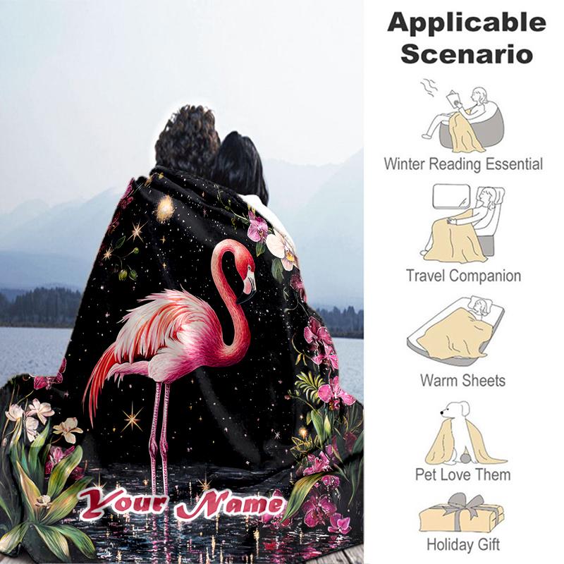 1PC Custom Name Flamingo Magic Night flannel blanket versatile, all-season throw suitable for the living room, bedroom, camping, travel, and gift