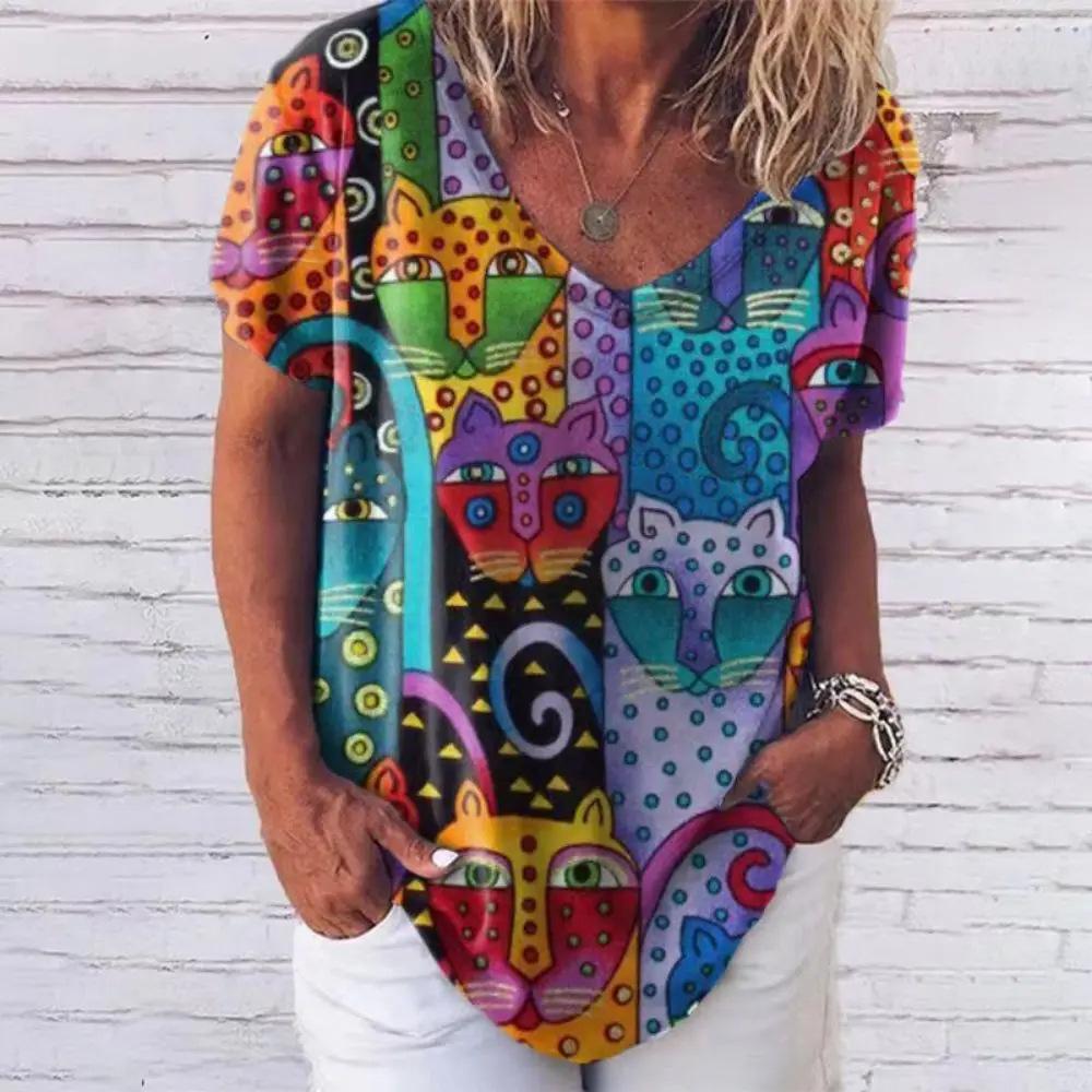 Женская одежда, летняя женская футболка в стиле ретро с рисунком кота, v-образным вырезом и коротким рукавом, повседневная уличная одежда, женская блузка большого размера