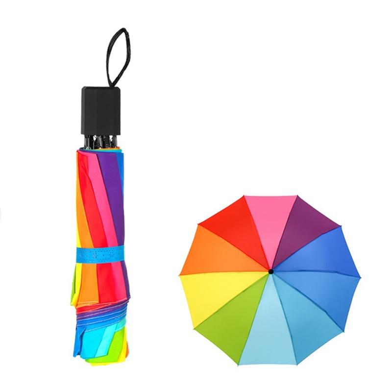 Fashion Rainbow Umbrella Three Fold Umbrella Long Handle Automatic Wind Resistant Folding Straight Umbrella