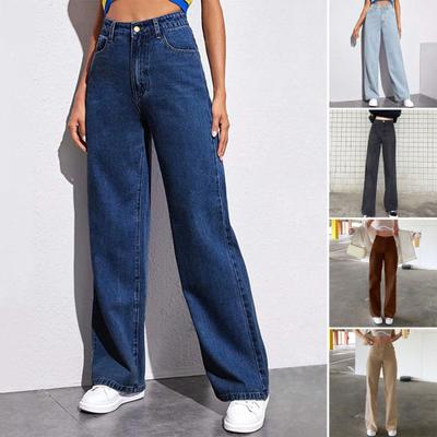 Женские джинсы с карманами, застежка-молния на пуговицу с высокой талией, прямые брюки, однотонные, в винтажном американском стиле, джинсовые брюки для повседневной носки, Scool