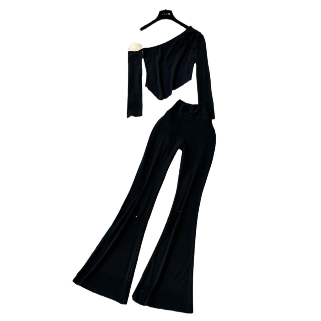 Сексуальная косая горловина без бретелек длинный рукав асимметричная футболка топ женский высокая талия тонкий пакет бедра микро брюки костюм