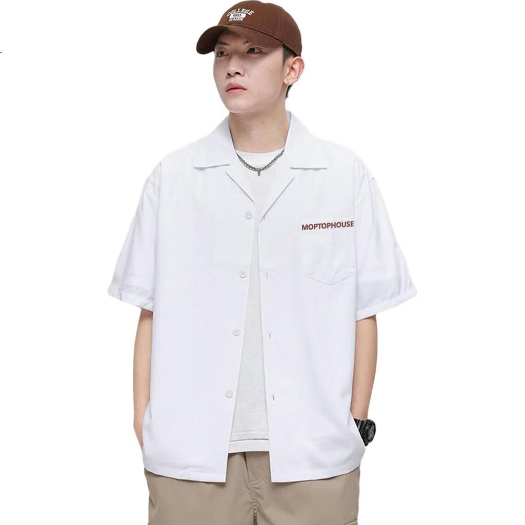 MMOPTOP Solid Color Japanese-Style Short-Sleeve Shirt for Men, Summer Casual Printed Trendy Couple Loose Jacket MMCM01 White XL