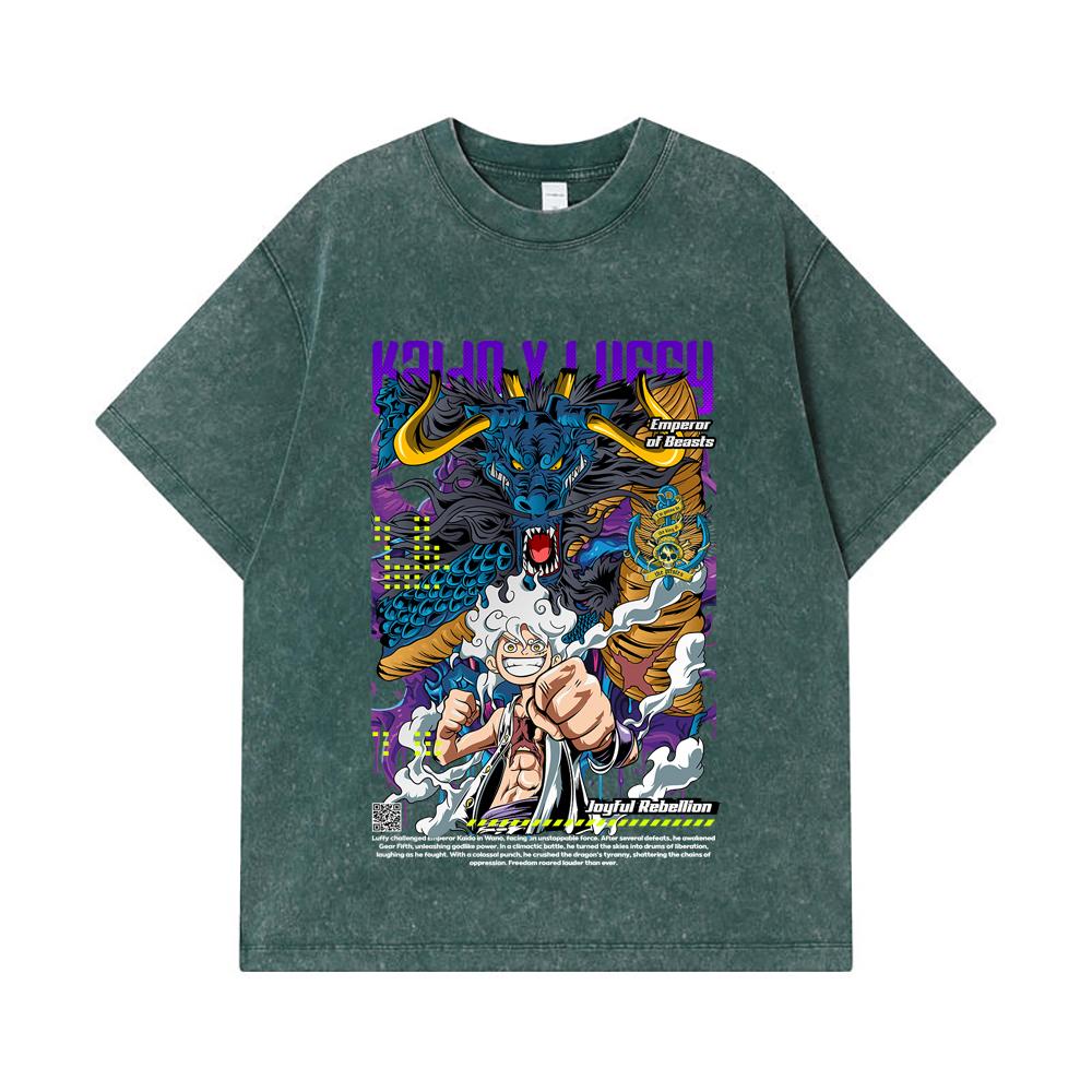 Стиранные футболки 275 г/м² 100% Хлопок One Piece V35 Принт Luffy Kaido Унисекс Тяжелая Хлопковая Футболка