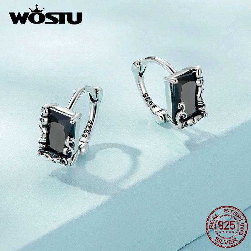 WOSTU 925 Sterling Silver Square Black Zircon Ear Buckles for Women Fine Jewelry Hoop Stud Earrings for Party