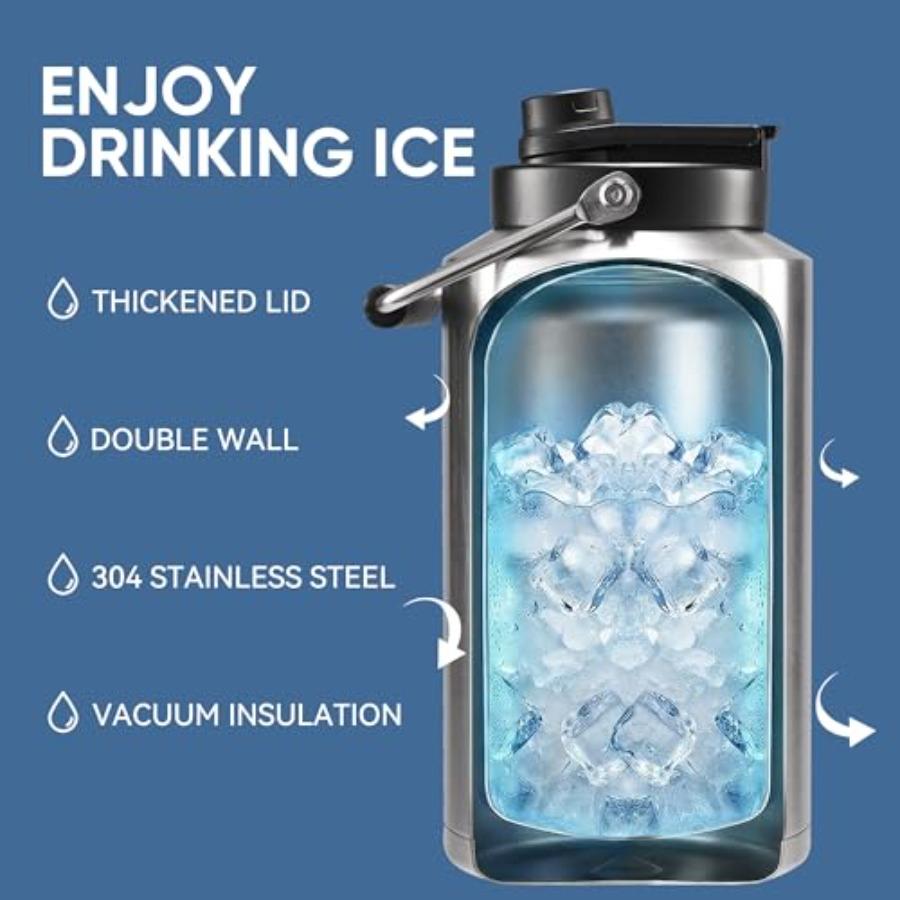 Изолированная бутылка для воды на 1 галлон для путешествий: Бутылка для воды 2-в-1 с крышкой-поилкой и трубочкой. Сохраняет холод 24 часа. Герметичная. Объем 128 унций. С ручкой.