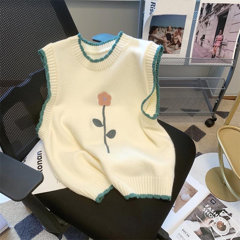 Маленький жилет с вышивкой свежих цветов в стиле ретро для женщин, весна и осень 2023, универсальный свободный вязаный жилет, свитер, пуловер, женский