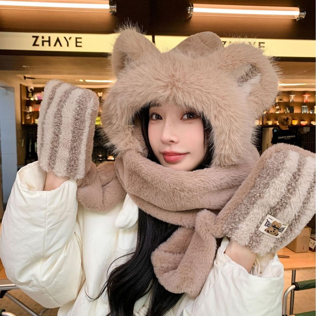 New Winter Plush Warm Cute Bear Hat Autumn and Winter Plus Velvet Thickened Ear Protection Hat Scarf Integrated Hood