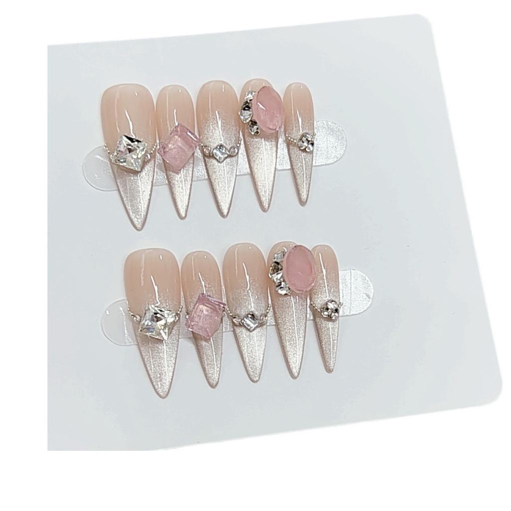 Pure Hand-made Phototherapy Wear Nail Tablets Cat Eye Pink Melody Wear Nail Finished Product Reusable Nail Patches