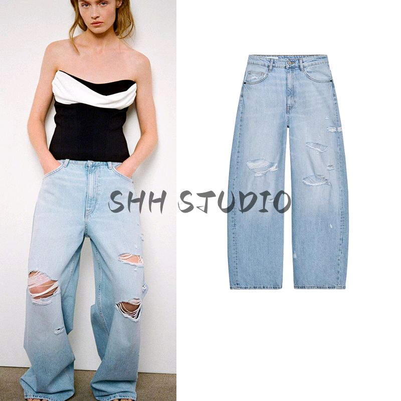 Spring New Women Clothes All-Match Slimming Ripped Decoration Fashion High Waist Baggy Jeans 8727011