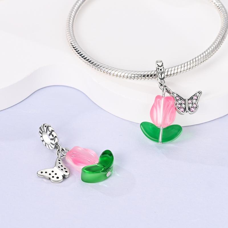 Charms Copper Pink Glass Butterfly Tulip Flower Pendants Fit Charms Plata Original Bracelet Beads Women Jewellery Making