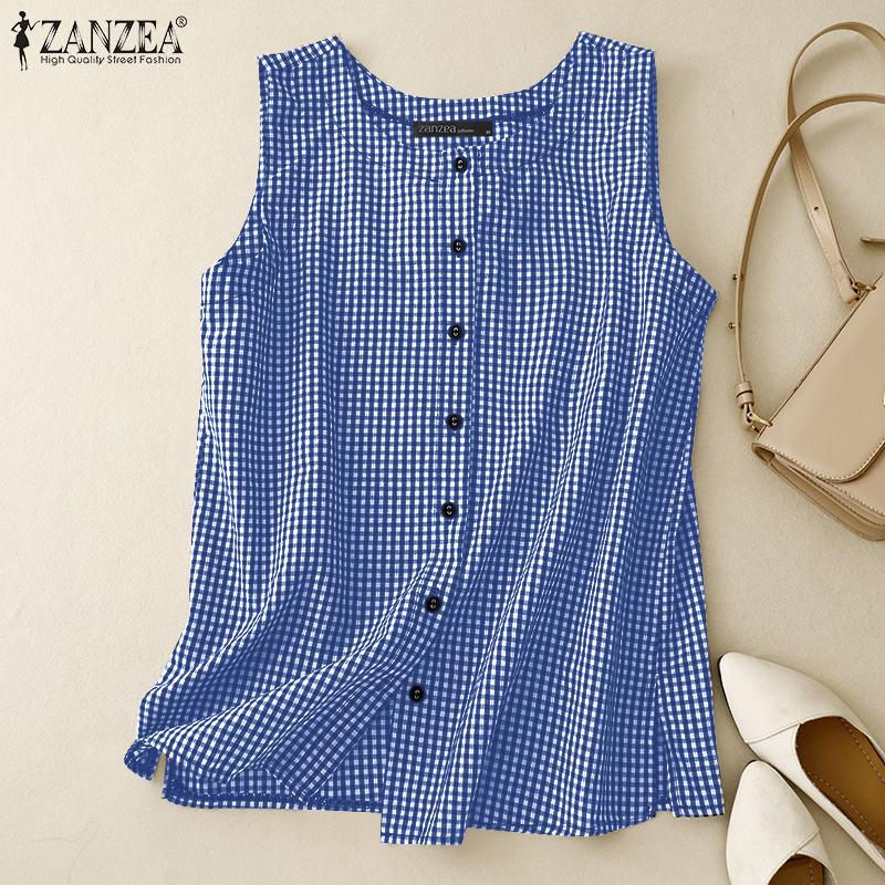 ZANZEA Женские летние рубашки без рукавов с круглым вырезом в контрастную клетку