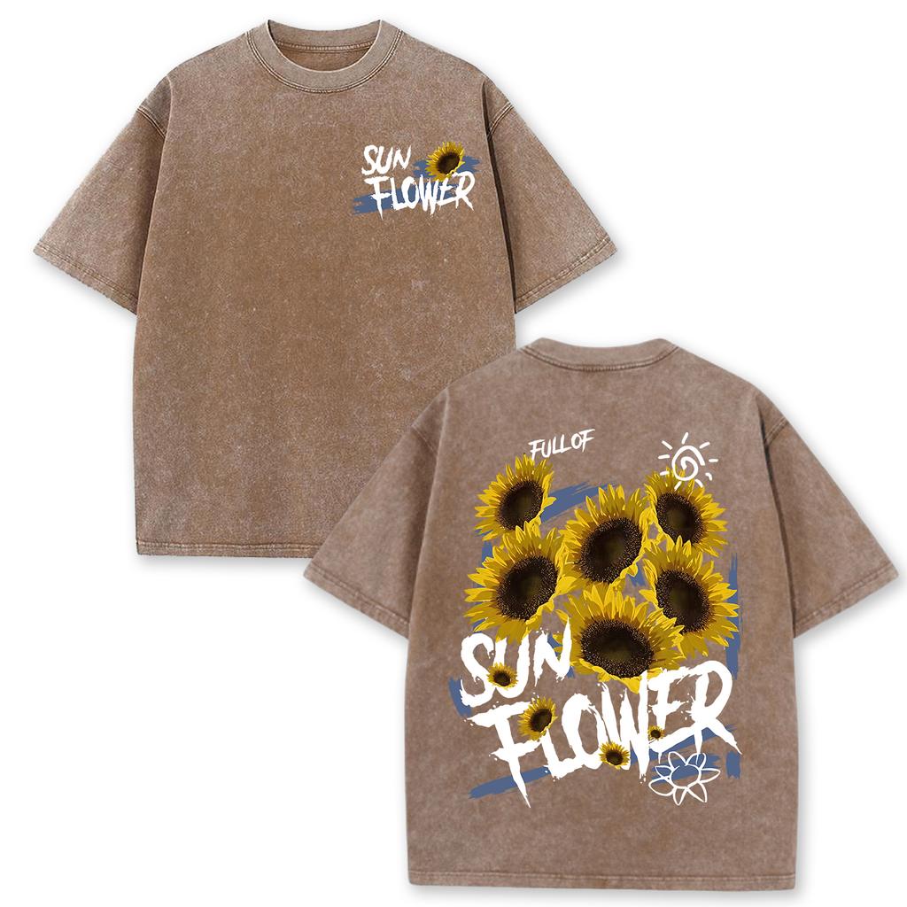 Lift Is Good Beautiful Sunflower Print Washed T Shirts Women Soft Cotton T-Shirt Street Creative Short Sleeve Summer Tops