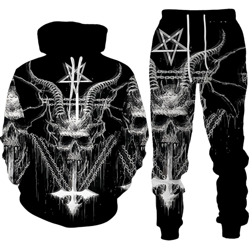 Толстовки с принтом черепа в стиле панк, брюки, костюмы, крутые мужские и женские модные весенне-осенние повседневные пуловеры, кофты, комплекты уличного стиля