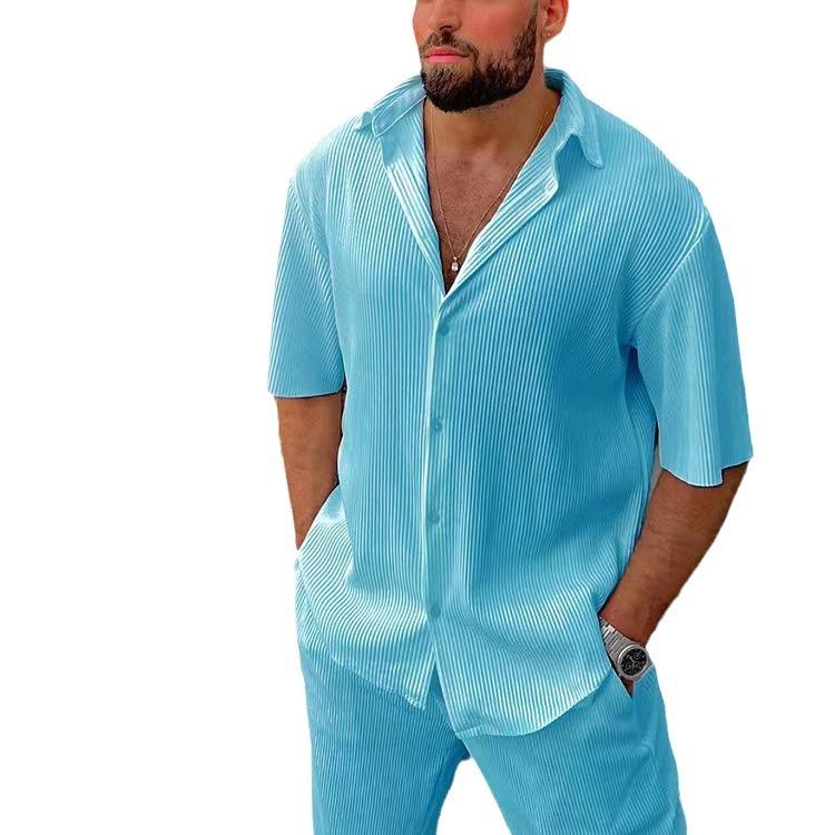 Men's Two-piece Pants Sets White Blue Lapel Button Short Sleeve Shirt + Long Pants Sets Casual Soft Beach Outfits Men Sets