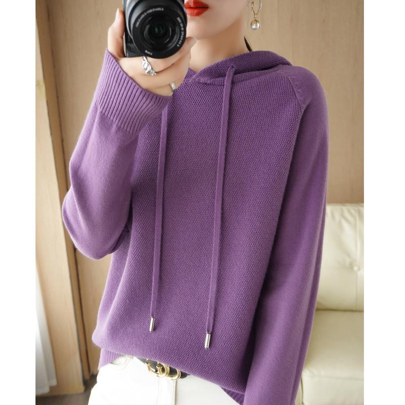 2025 Autumn/Winter Women's Hooded Knit Sweater - Long Sleeve, Solid Color, Loose Fit, Versatile Commuting Style