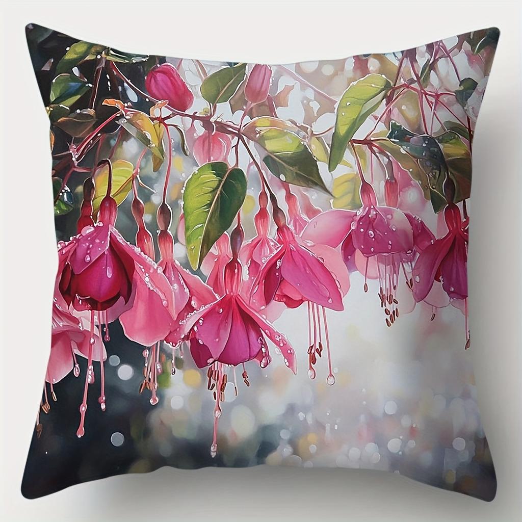 4Pcs Double-Sided Printed Throw Pillow Covers, Pink Hanging Floral With Sunlight Cushion Cases Decorative For Living Room